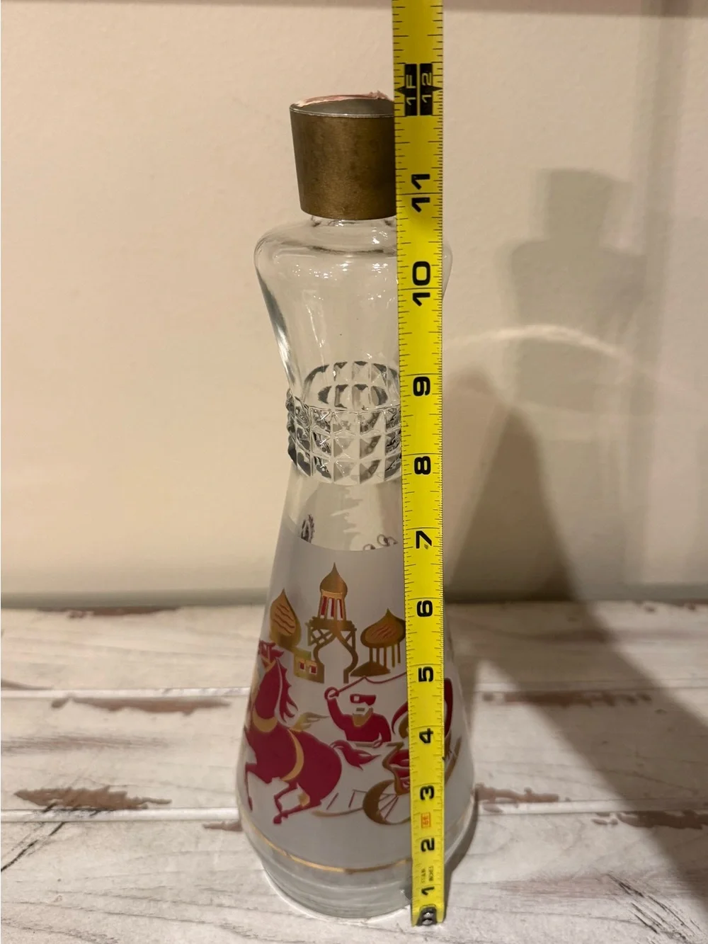 Vintage Frosted Glass Decanter Russian Troika Sleigh Gold Red Barware